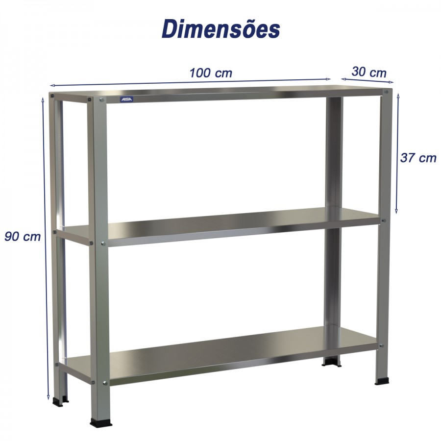 Estante Armário Prateleira Inox 3 Bandejas 300 X 1000 Aisa